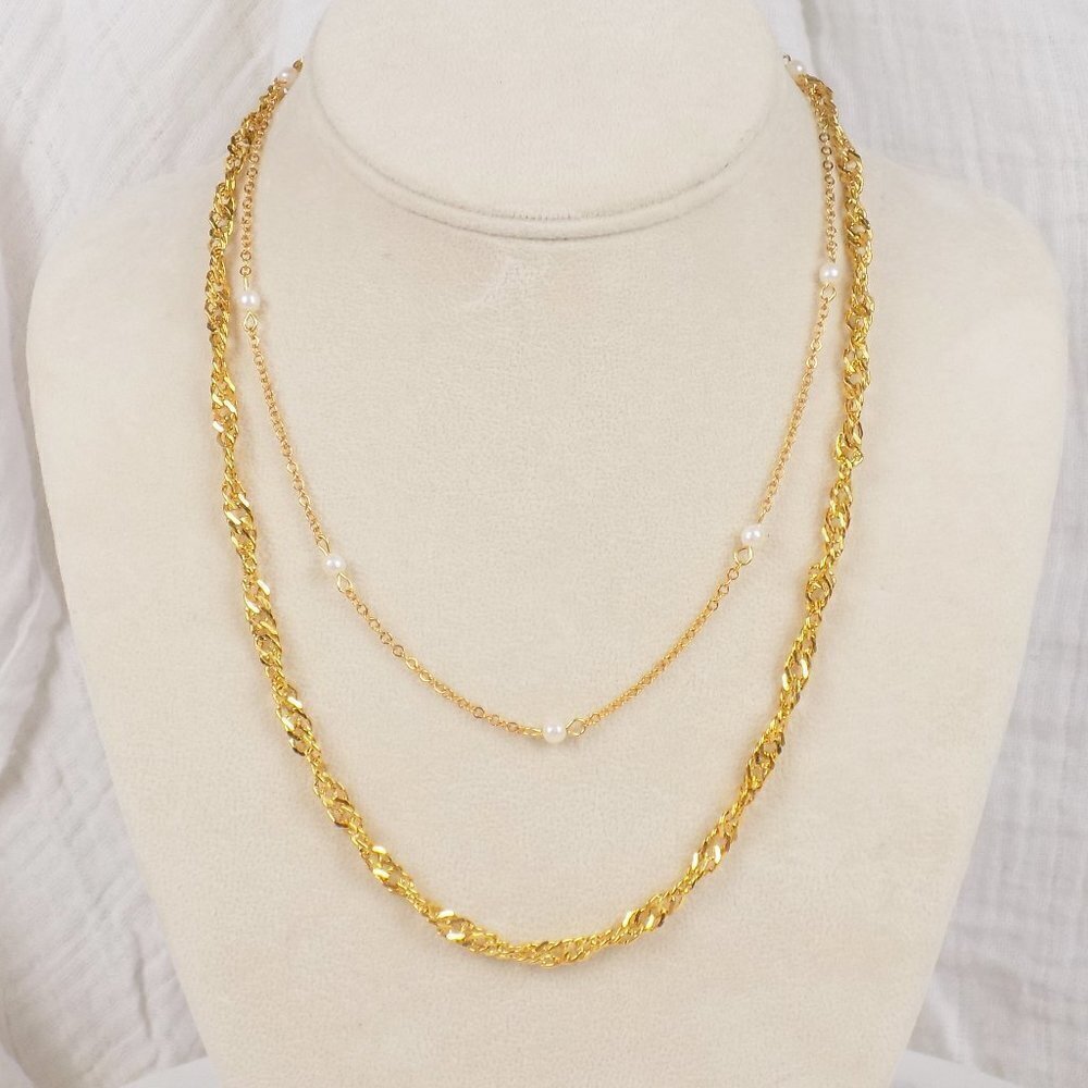 vintage 2 chain layering necklace pearls twisted figaro rope classic preppy
